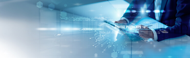 Businessman analysis digital payments systems and online transactions, mobile wallets, secure gateways, blockchain payments, e-commerce integration, financial security © Shevon