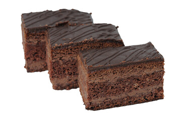 Three pieces of chocolate cake isolated on white background. Clipping path included. Confectionery.