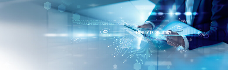 Businessman analysis energy technology and renewable solutions, solar innovation, smart grids, sustainable power, green energy systems, efficiency management