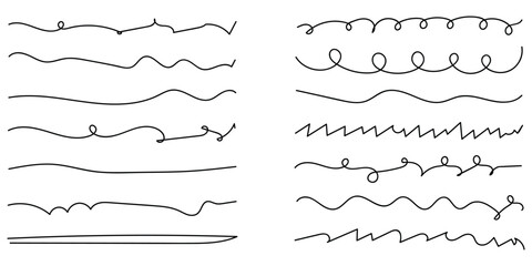 Obraz premium Black hand drawn underline calligraphy set. Modern simple dark lines. Isolated dark line set. Dark curved underline icon set on white page. EPS 10. 