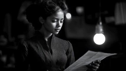 A young woman in vintage attire reading a document under a warm light in a dimly lit room - Powered by Adobe