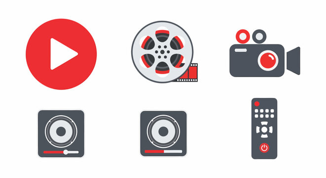 Multimedia Icons Play, Film Reel, Camera, Speaker, and Remote Control in Modern Flat Style