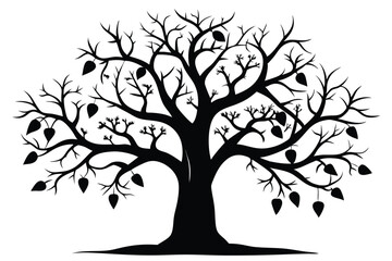 Obraz premium Silhouette of a Leafy Tree with Bare Branches and Dangling Leaves Illustration
