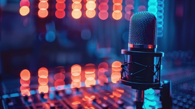 A professional condenser microphone sits on a mixing board in a recording studio. The microphone is in focus, while the background is blurred and illuminated with colorful lights.