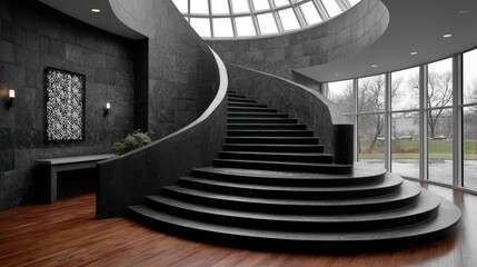 Elegant spiral staircase with dark walls and wooden floor and panoramic glass windows. A visually stunning design, creating a sense of modern architecture. A blend of sophistication.