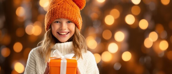 The girl in orange knit hat smiling while holding a festive wrapped gift