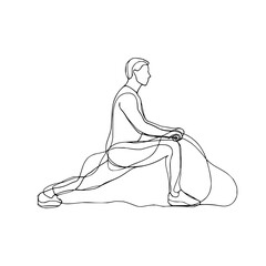Continuous line drawing of a man stretching his legs in a lunge position on a white background view