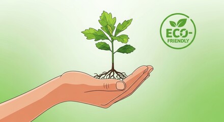 illustration of hands holding young plant with soil and roots. concept symbolizes environmental care, sustainability, growth, hope for future. Perfect for Earth Day, ecology, nature conservation theme