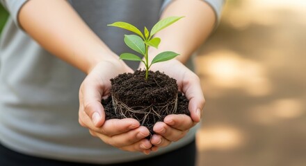 hands holding young green plant with soil and roots. image symbolizes new life, growth, environmental conservation. concept of Earth Day, sustainability, gardening, agriculture,