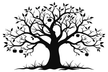 Silhouette of Apple Tree with Fruit, Leaves, and Branch Details, Black and White