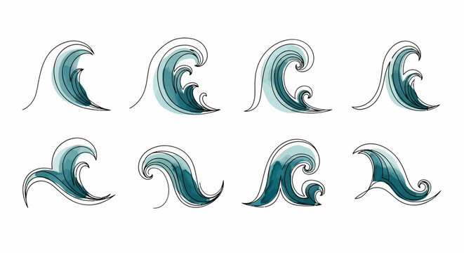 Collection of 8 abstract minimalist wave designs with blue watercolor washes on white