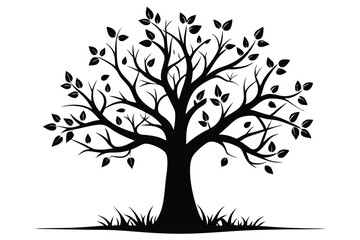 Black Silhouette of a Tree with Leaves and Grass on a Plain Background