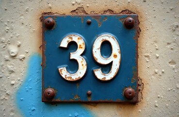 Weathered blue enameled metal plate displays white number 39 for street address. Grunge texture with rust, chipped paint gives vintage, retro urban feel. Digit, typography elements show classic,