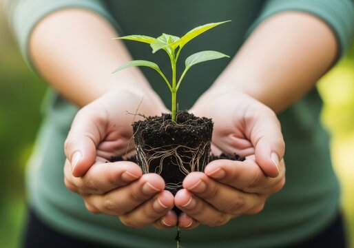 hands holding young green plant with soil and roots. image symbolizes new life, growth, environmental conservation. concept of Earth Day, sustainability, gardening, agriculture,