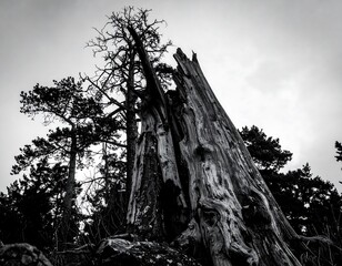 A weathered, broken tree against a gray sky