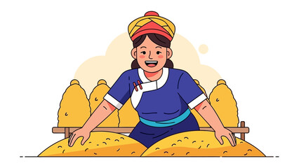 Woman With Harvest: A vibrant illustration captures a woman surrounded by her golden harvest, symbolizing prosperity and the rewards of hard work. It evokes a sense of gratitude and abundance.