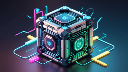 Artificial Intelligence Server Icon – 3D Isometric Cube for Big Data, Machine Learning Algorithms, Data Storage, AI Optimization, and Digital Information Systems