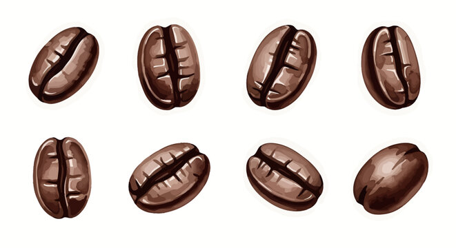 An artistic set of eight roasted coffee beans rendered in a rich brown watercolor style, showcasing detailed textures, isolated on a clean white background