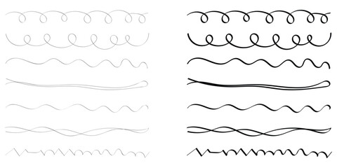 Modern simple dark lines. Horizontal paintbrush element on white background. Group of horizontal objects on white background. Black hand drawn underline calligraphy set. EPS 10. 