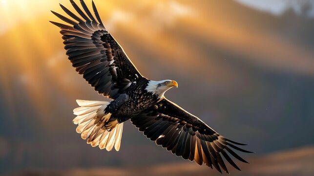Illustration of bald eagle soaring through the golden light of sunrise, wings spread wide, a symbol of freedom and power in the vast wilderness, majestic bird of prey - Powered by Adobe