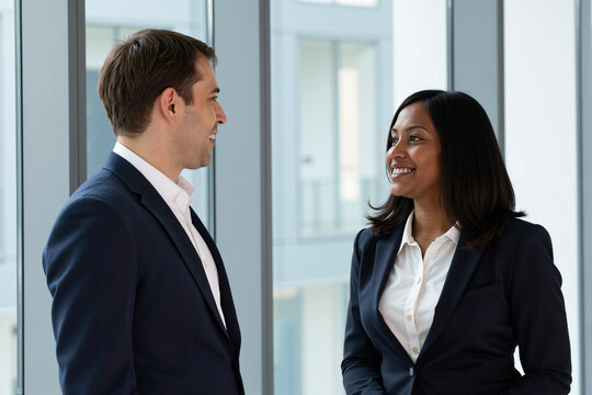 Diverse professional business colleagues a man and a woman in suits having a friendly and positive conversation while networking in a modern office hallway