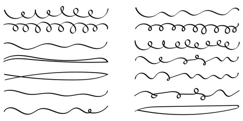 Modern simple dark lines. Horizontal paintbrush element on white background. Group of horizontal objects on white background. Black hand drawn underline calligraphy set. EPS 10. 