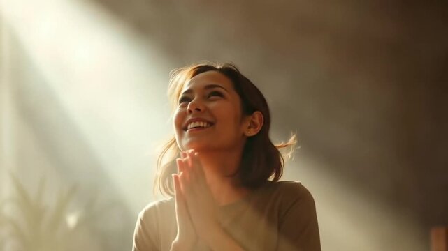 Joyful woman expressing gratitude in a sunlit room with soft rays of light