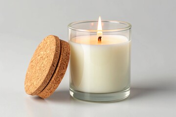 Aromatic candle in glass jar isolated on white background, creating a cozy ambiance with its warm glow and cork lid, perfect for relaxation and home decor