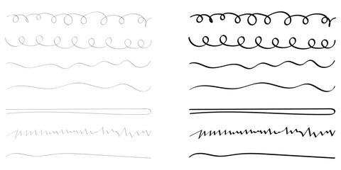 Modern simple dark lines. Horizontal paintbrush element on white background. Group of horizontal objects on white background. Black hand drawn underline calligraphy set. Creative paintbrush objects. 