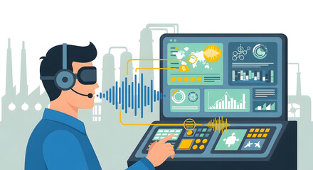 Man wearing vr headset and headphones in front of a control panel with futuristic interface and sound waves, representing technology and data analysis