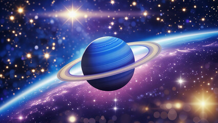 Universe Background Vector – Abstract Blue Planet Saturn with Ring, Glowing Sun, Starry Sky, and Outer Space Scientific Presentation Backdrop