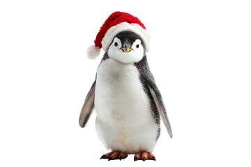 Fototapeta premium A Christmas penguin wearing a Santa hat, isolated on a transparent background.