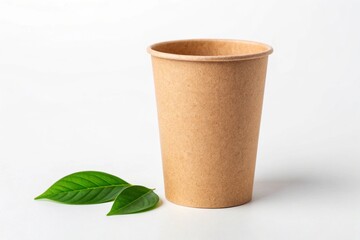 Disposable paper cup with green leaves isolated on white background ecofriendly tableware for hot and cold drinks biodegradable container for takeaway beverage