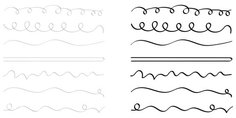 Group of horizontal objects on white background. Modern simple dark lines. Horizontal paintbrush element on white background. Black hand drawn underline calligraphy set. 