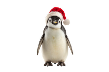 Fototapeta premium A Christmas penguin wearing a Santa hat, isolated on a transparent background.