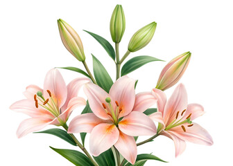 Delicate pink lily flowers and buds with green leaves isolated on transparent background