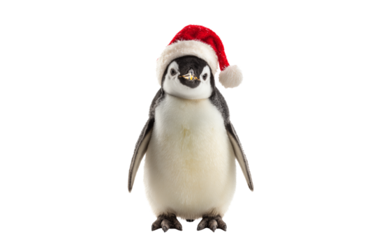 A Christmas penguin wearing a Santa hat, isolated on a transparent background.