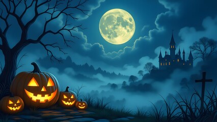 Fototapeta premium Halloween night background featuring an haunted mansion, carved pumpkins and bats