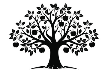 Silhouette of Apple Tree with Leaves and Apples on Branches, Black and White