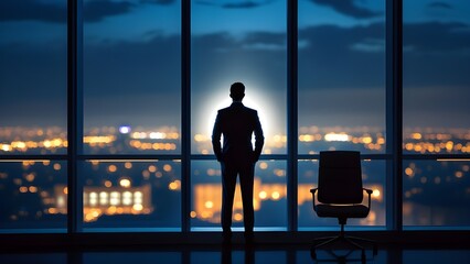Fototapeta premium Silhouette of Business Executive Looking at City Skyline from Corporate Office Window at Dusk