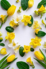 Obraz premium Floral arrangement of yellow daffodils and tulips on white background.