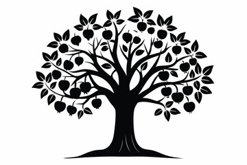Black Silhouette of an Apple Tree with Leaves and Fruit Ripe for Picking