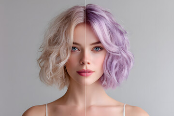 Studio portrait of woman with short wavy hairstyle, comparison showing platinum blonde hair on one side and pastel purple hair on the other, hairstyle transformation concept