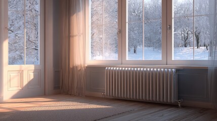 Modern Radiator Heating System by Window with Cozy Heated Floor for Energy Efficiency in a Warm Home Environment