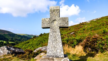 A weathered stone cross stands on a hilltop overlooking a valley