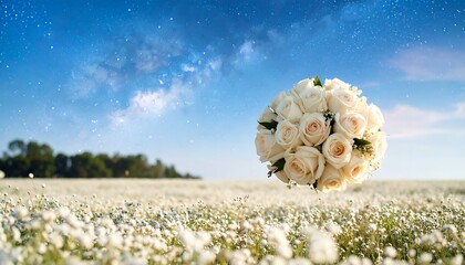 A wedding bouquet floats amidst a field of white flowers under a starry sky