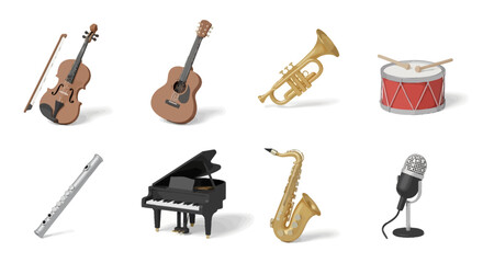Collection of eight distinct musical instrument icons rendered in a charming 3D minimalist style, perfect for digital and print media