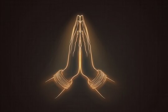 Neon line art namaste gesture symbolizing spirituality and peace