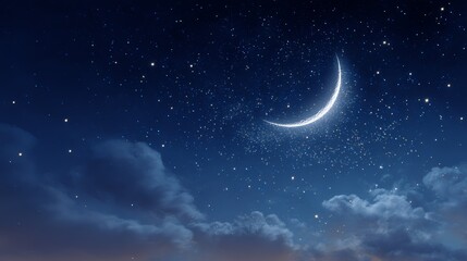 Mystical crescent moon shines brightly amidst a vast, star-filled night sky with ethereal clouds creating a magical, serene atmosphere