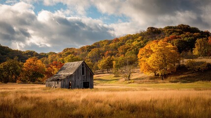 Fototapeta premium Rustic Autumn Barn Surrounded by Vibrant Trees and Sunlit Fields in Rural Michigan